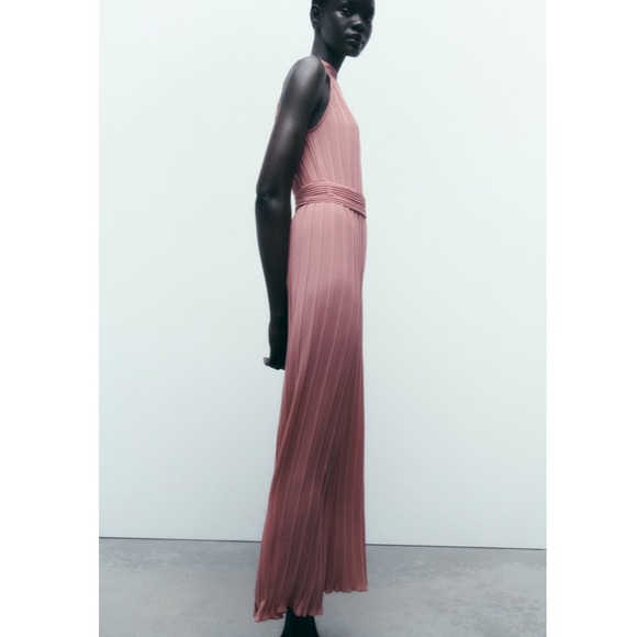 ZARA Medium Jumpsuit Pleated Halter Neck Waistband Wide Leg Trousers Pink - Picture 4 of 6